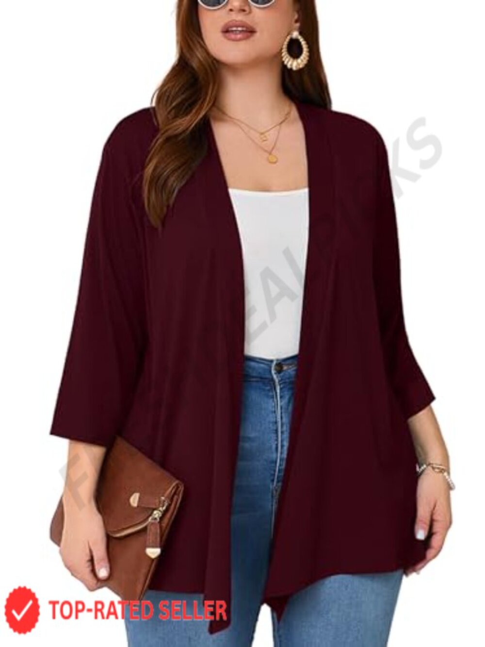 Plus Size Lightweight Open Front Cardigan 3/4 Sleeve Cover Up Shrug Kimono